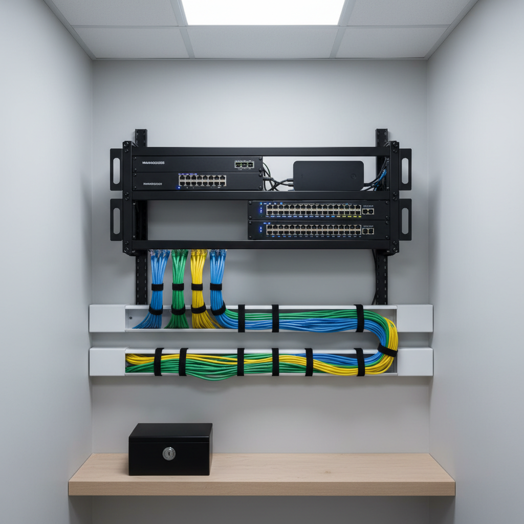 A compact, modern network closet designed for a small business, featuring a wall-mounted rack with a managed switch, router, and patch panel, all in matte black finishes. Cables in coordinated colors are bundled and Velcro-tied, running along white cable trays against a light gray wall. A small, closed metal lockbox for backup equipment sits on a minimalist wooden shelf beneath. Cool, diffused LED ceiling lights cast even illumination with minimal shadows, suggesting clarity and order. Photographic realism, captured from a slightly elevated angle to show the full layout, with crisp, clean lines and a calm, professional atmosphere that communicates organized, fully managed network services.