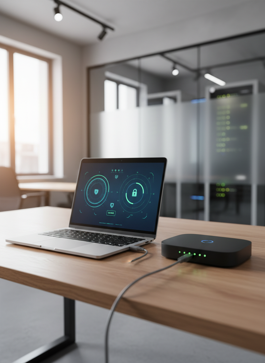 A wooden office desk with a slim, silver laptop open to a stylized network dashboard interface, displaying clear graphs, secure connection icons, and green status indicators. Next to the laptop lies a compact, matte-black business router with softly glowing indicator lights, connected by a single, neatly routed ethernet cable. The background shows a blurred, modern small-business office with server equipment faintly visible through frosted glass. Warm, indirect daylight from a nearby window mixes with subtle overhead lighting, creating balanced, natural illumination. Shot at a slight three-quarter angle with shallow depth of field, focusing sharply on the laptop screen and router. The mood is confident and reassuring, emphasizing transparent, managed network security in a realistic, professional style.