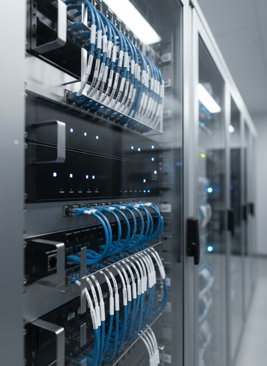 A sleek black network firewall appliance with subtle blue status LEDs, mounted in a brushed metal rack inside a tidy server cabinet. Surrounding it are neatly organized ethernet cables in cool blues and teals, each labeled and routed through cable management channels. Soft, cool-white overhead data center lighting reflects gently off the metal surfaces, creating a clean, professional glow. The atmosphere feels secure, controlled, and highly organized. Shot at eye level with a slight angle down the row of equipment, using photographic realism with sharp focus on the firewall and a gradual falloff into a softly blurred background, emphasizing reliability and modern managed security for small business networks.