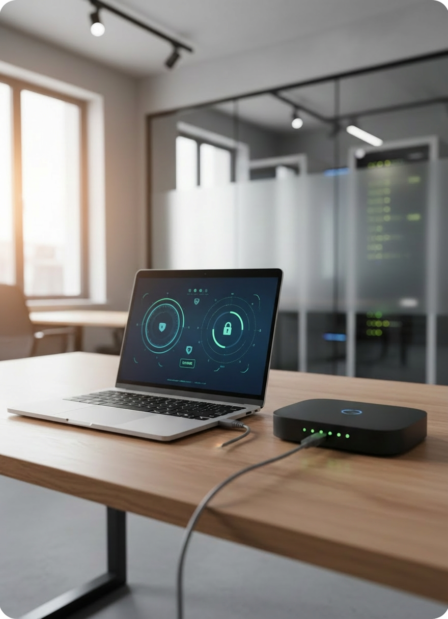 A wooden office desk with a slim, silver laptop open to a stylized network dashboard interface, displaying clear graphs, secure connection icons, and green status indicators. Next to the laptop lies a compact, matte-black business router with softly glowing indicator lights, connected by a single, neatly routed ethernet cable. The background shows a blurred, modern small-business office with server equipment faintly visible through frosted glass. Warm, indirect daylight from a nearby window mixes with subtle overhead lighting, creating balanced, natural illumination. Shot at a slight three-quarter angle with shallow depth of field, focusing sharply on the laptop screen and router. The mood is confident and reassuring, emphasizing transparent, managed network security in a realistic, professional style.